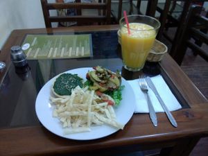 Happy vegan burger at Prasada in Cusco