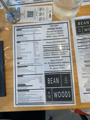 Menu page 3 (drinks) at Bean in the Woods in Ringwood