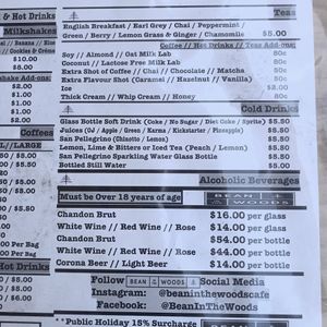 Drinks menu at Bean in the Woods in Ringwood