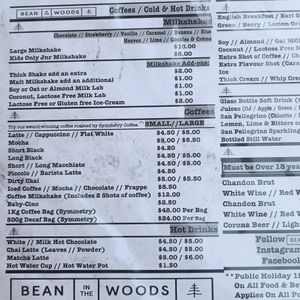 Drinks menu at Bean in the Woods in Ringwood