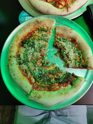Parmigiana and pesto pizza at Picky Wops in East London