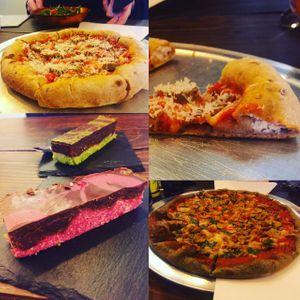top right is vegan stuffed crust (great), bottom left twix (great), bottom right protein pizza (AMAZING)  at Picky Wops in East London