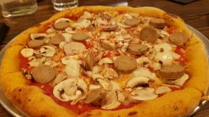 Lumberjack pizza with Seitan's saucy sausage at Picky Wops in East London
