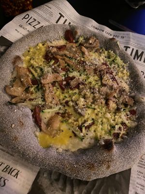 Carbonara pizzaer eaten in my life! This is just a lump of metal know I need Carbonara pizza with faux bacon extra mushrooms and courgettes. Best pizza ever! at Picky Wops in East London