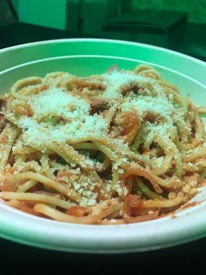 Special Amatriciana pasta - onions, bacon bits and Parmesan in a delicious tomato sauce. at Picky Wops in East London