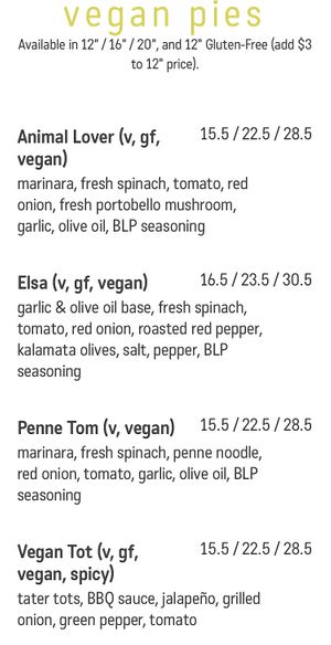 Vegan section of menu at Boss Lady Pizza in Boulder