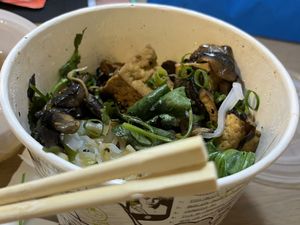 Tofu & mushroom noodle soup (vegan with veggie broth) came carefully prepared with the broth in separate container to keep everything fresh. Large portion I will get two soups!   at misschu in South Yarra