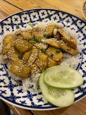 Tofu in Sweet Sauce with ricee  at Markintiny in Bangkok