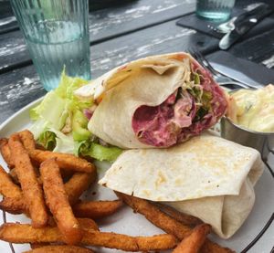 Falafel and beetroot tortilla wrap with a bit of a kick  at Caffi Lolfa in Burry Port