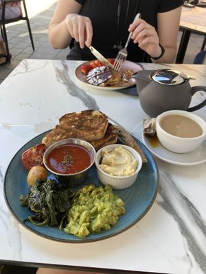 Vegan English breakfast. Note: the pancakes in the background are not vegan, nor was there an obvious choice for them (but we didn't ask)  at Balance in South East London