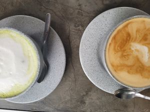 Matcha Latte & Coffee with almond milk at Smash Avocaderia y Cafe in Medellin