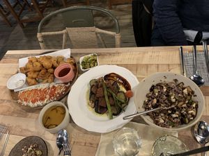 From left to right: fried cauli-shiitake, beyond meat & fried veggies and eggplant shiitaki over black rice at Mangata in Gunpo