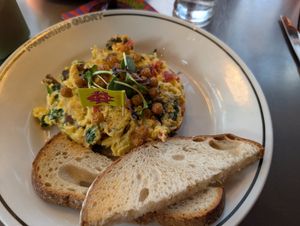 Vegan egg veggie scramble with toast, was delicious at Morning Glory in San Diego
