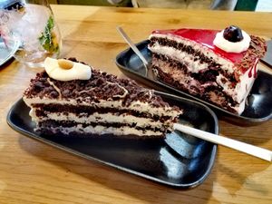 Peanut raspberry and black Forrest cake at King of Greens in Leonberg
