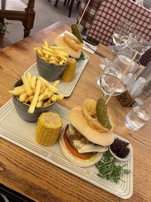 Plant-based burgers with onion rings, corn and chips    at Warkworth House Hotel in Warkworth