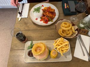 Sweet chilli 'no chick', vegan cheezeburger and onion rings. at Warkworth House Hotel in Warkworth