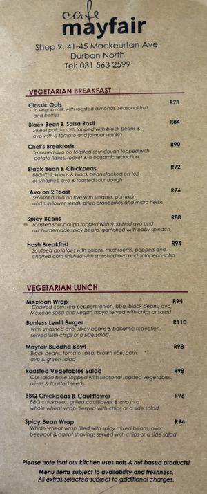 Vegan/vegetarian menuu  at Cafe Mayfair in Durban