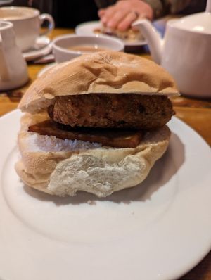 Great veggie options for breakfast. Full vegan breakfast or the option to have vegan sausage and potato scone in a roll. The sausages were homemade and full of veg, rather than mea at Escape Route Café in Pitlochry