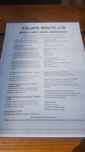 Menu on 12 May 2023 at Escape Route Café in Pitlochry