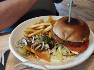 Vegan burger made with potato and lentilz at Escape Route Café in Pitlochry