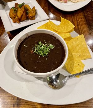 Black bean soup and a side of plantains  at Casa 43 Mexican Kitchen and Tequila Bar in Seven Mile Beach