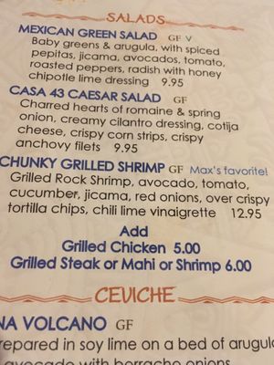 A couple salads, hold the anchovies and cheese at Casa 43 Mexican Kitchen and Tequila Bar in Seven Mile Beach