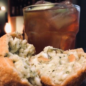 Suppli (roman traditional ball of rice, deep fried) with seasonal vegetables. Vegetarian. at la Cucina di Pastella in Rome