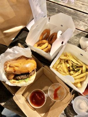 Cheeseburger, fries & onion rings…around $28. Kinda pricey but it was very good quality and I really enjoyed it. Highly recommend and will go back to try other items.  at Rainbow - King George in Tel Aviv