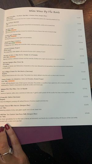 Wine list with clear vegan options  at Petit Paris in Nottingham