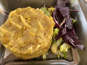 Monfongo with salad and beans  at Rincon del Sabor  in Vieques