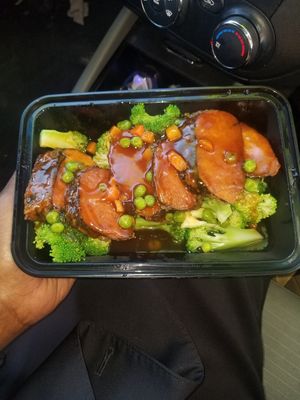 Salmon teriyaki at Zen Vegetarian House in Brooklyn