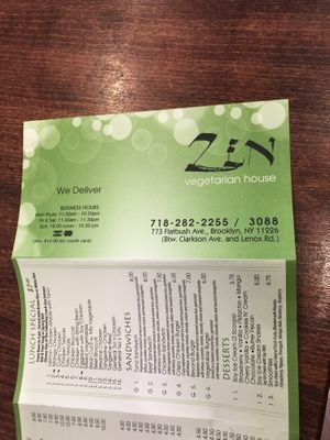 Menu   at Zen Vegetarian House in Brooklyn