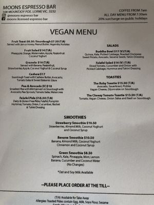 Menu at Moons in Lorne