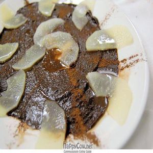 rice chocolate cream with pear slices at La Locanda dei Sapori in Alessandria