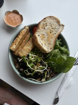 Savory Bowl with the classic edamame, tofu, spinach+mushrooms   at What's Cup! in Koh Phangan