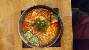 Vegan Ramen with chilli oil and kimchi at Min Ramen Bar in Karlsruhe