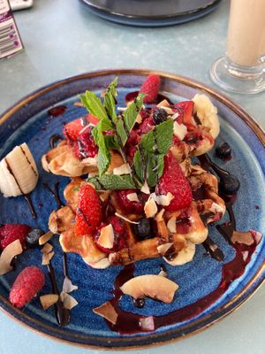 Vegan waffles (breakfast) at The Lookout Beach Cafe & Restaurant in Jersey