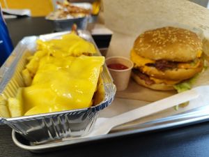 Double cheese burger with cheese fries at Furahaa - Vegan in Paris