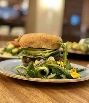 Truth & Tonics own recipe, vegetable burger with mushrooms, lentils and soy beans, heirloom tomato, avocado and vegan chipotle mayo at Truth & Tonic in Las Vegas