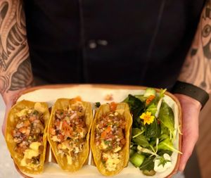 Three types of Tacos. Grilled Portobello, Tofu Chorizo or soy based chimichurri “chicken " at Truth & Tonic in Las Vegas