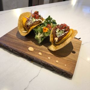 Plant-based breakfast tacos with JUST EGG, BTB sausage, Good Planet Cheddar Cheese and Chipotle vegan Mayo at Truth & Tonic in Las Vegas