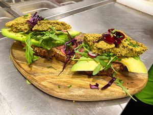 Avocado Vegan Humus Toast with extra of Falafel at Cactus Restos in Paris
