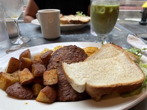 Scrambled “just egg” with plant based sausage at Bonjour Cafe in Boston