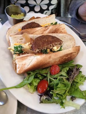 Breakfast sandwich- lovely soft bread at Bonjour Cafe in Boston