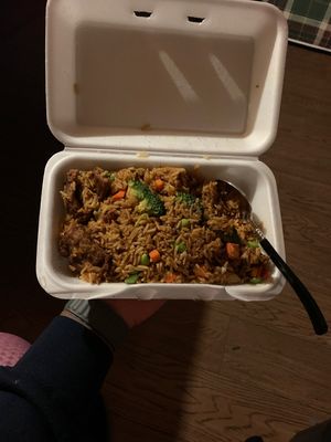 spicy satay beef fried rice at Loma House Vegetarian Express in Edmonton