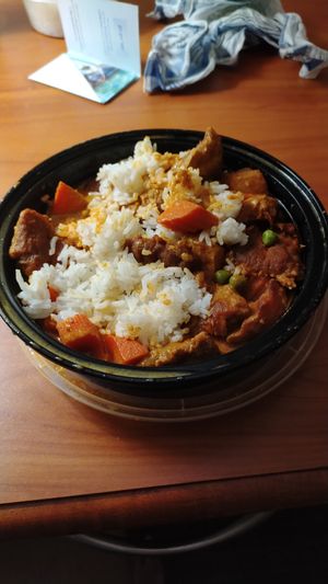 Red 'Mutton' curry and jasmine rice at Loma House Vegetarian Express in Edmonton