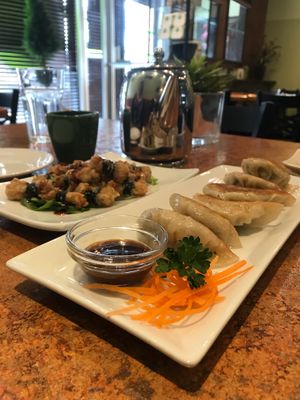 Potstickers and enoki mushroom rolls at Loma House Vegetarian Express in Edmonton