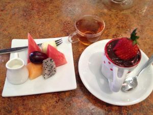 Desserts from daily special. Fruit and chocolate pudding.  at Loma House Vegetarian Express in Edmonton