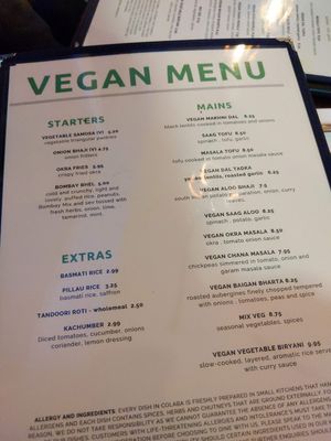 Menu at Colaba in North West London