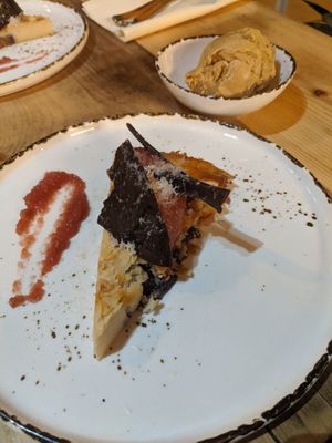 Fig clafoutis with fig sorbet.  Salted caramel ice cream in the background at V or V in Sheffield